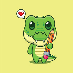 Cute crocodile holding pencil cartoon vector illustration
