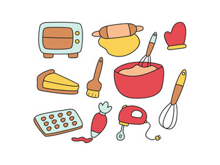 Collection of Hand Drawing Baking Tools and Ingredients with Outline