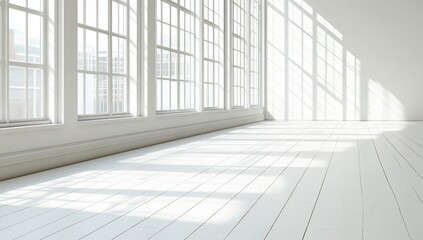 Bright, sunlit, white interior room with large windows