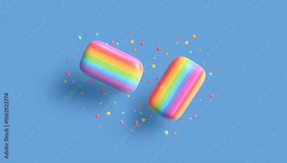 Poster two rainbow-striped, rounded rectangular objects levitate against a light blue background, surrounde