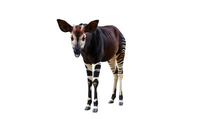 白背景に立つ全身姿の希少動物オカピ、高精細でしま模様と優雅な体形を捉えた熱帯雨林の絶滅危惧種ポートレート写真 - 生成AI