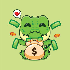 Cute crocodile with money bag cartoon vector illustration