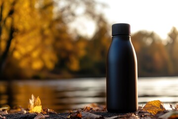 Matte black bottle rests on autumn leaves by a river