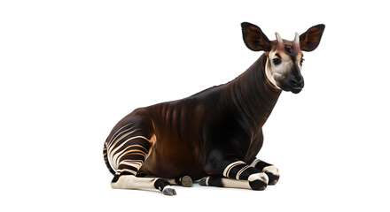 白背景に座ってリラックスする希少動物オカピの全身高解像度ポートレート、特徴的なしま模様と滑らかな毛並みが美しい熱帯雨林の絶滅危惧種の静かな姿 - 生成AI