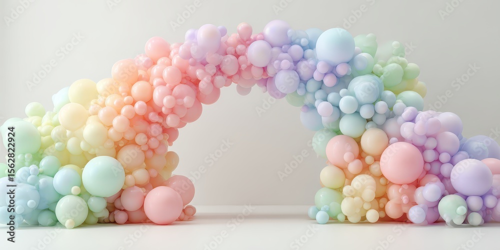 Poster Pastel rainbow balloon arch, many small and large balloons in a soft color gradient