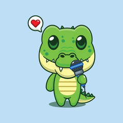 Cute crocodile holding microphone cartoon vector illustration