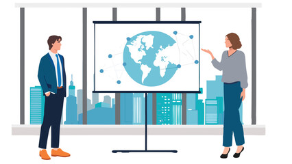 Two people standing near a presentation screen showing a world map with connected dots in an office space