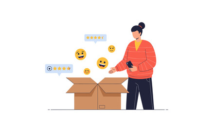 Woman Unboxing Positive Customer Feedback Emojis and Ratings