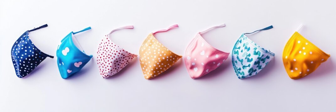 Colorful patterned face masks arranged in a row
