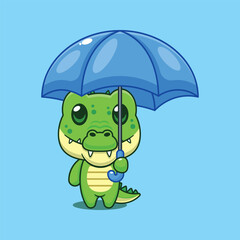 Cute crocodile holding umbrella cartoon vector illustration