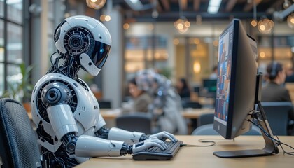 A humanoid robot AI agent working together with a human at a computer keyboard symbolizing antigen autonomy and the future of work with an assistant copilot bot for automation of jobs, 32k resolution
