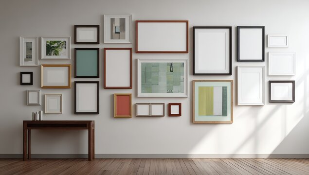 A minimalist room features a gallery wall of various sized and colored frames, some containing artwork, others blank, above a low wooden table, bathed in sunlight