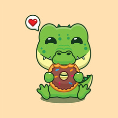 Cute crocodile eating donut cartoon vector illustration