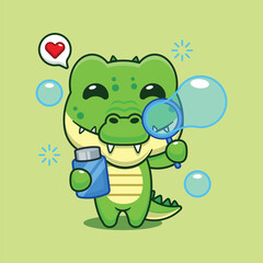 Cute crocodile blowing bubbles cartoon vector illustration