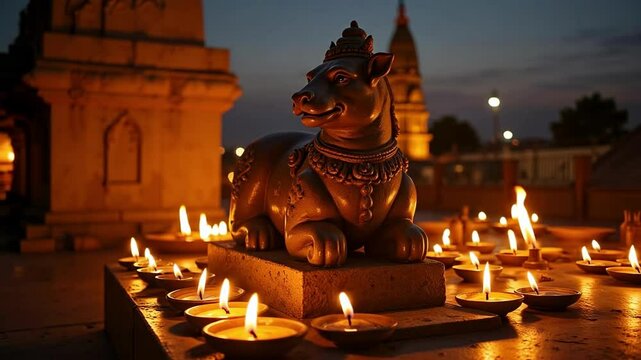 Golden light bathes the Nandi statue at Kashi Vishwanath Temple during evening prayers, oil lamps flickering in this 4k footage.