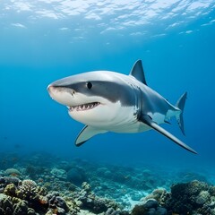 Fototapeta premium Great white shark swimming in the sea near coral reef in clear blue water
