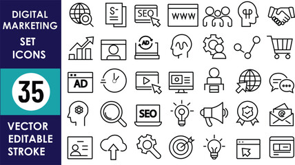 35 digital marketing icons: SEO, analytics, ads, shopping, search, social media, email, cloud, video, content, branding, audience, engagement tools