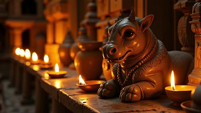 Experience the divine beauty of Kashi Vishwanath Temple in golden light, featuring a close-up of Nandi statue with oil lamps lit during the evening in 4k.
