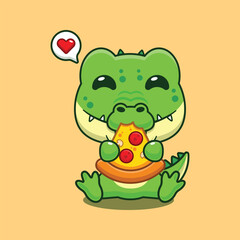 Cute crocodile eating pizza cartoon vector illustration