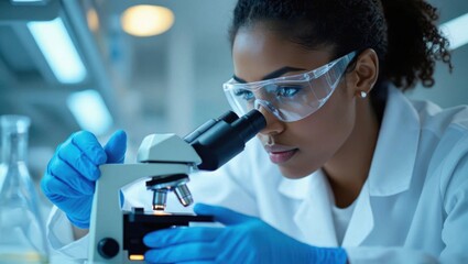 Focused black female scientist wearing safety goggles and blue gloves meticulously examines a sample under a microscope in a brightly lit laboratory