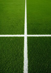 Obraz premium a well maintained green grass field with a thick white line running horizontally across the center. Thick horizontal white painted line is running across green grass turf in flat vector illustration