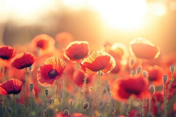Obraz premium A vibrant field of poppies at sunset