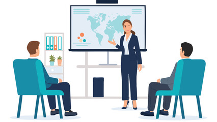 Fototapeta premium Woman presenting world map to two seated colleagues in an office presentation setting with furniture