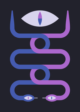 Futuristic intertwined snakes with big eye
