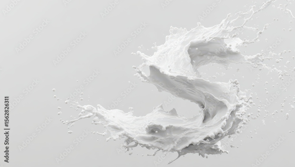 Poster A dynamic, swirling splash of white liquid, frozen mid-air against a light gray background, creating an abstract S-shape with fine droplets and textures