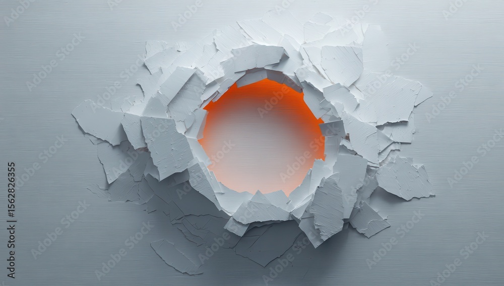 Poster Circular hole in a light gray textured surface, radiating outward with fragmented pieces; an inner orange glow illuminates the void
