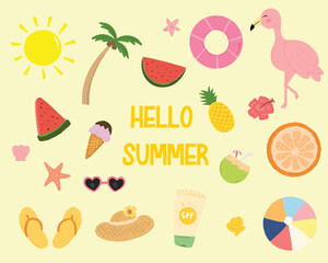 Summer vacation themed graphic design with various summer elements.