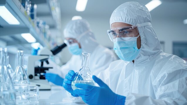 Scientists in protective suits conduct research in a modern laboratory examining samples and using scientific equipment for analysis - Powered by Adobe