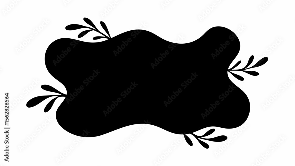 Poster abstract black blob shape with decorative leaf sprigs on the corners creating a frame element design