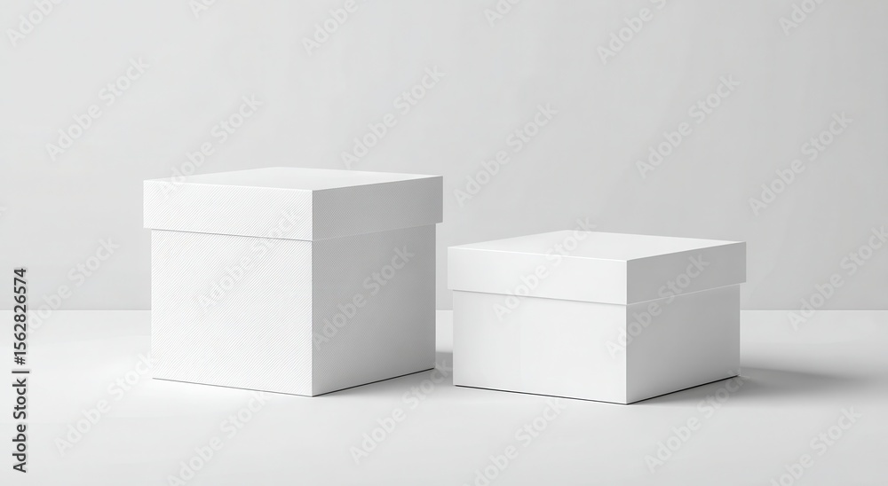 Poster Two pristine white square boxes, one larger than the other, sit on a minimalist white surface against a light grey backdrop