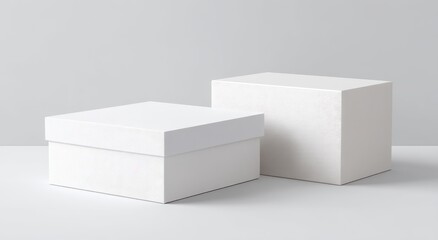 Two blank, white cardboard boxes, one square and one rectangular, sit on a minimalist light grey surface against a similarly hued backdrop