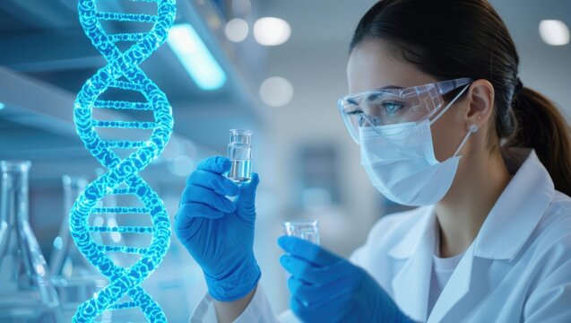 Scientist in protective gear examines glowing blue dna helix and vials in a modern research laboratory
