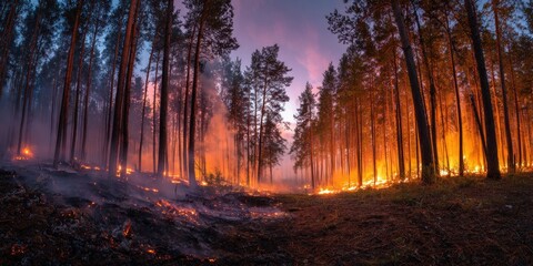 Fototapeta premium Forest fire at sunset