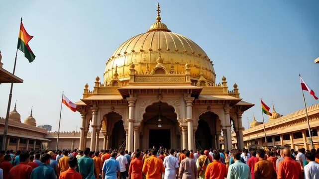 Experience the spiritual aura of Ram Janmabhoomi Ayodhya during daytime as devotees offer prayers under the golden dome in vibrant colors