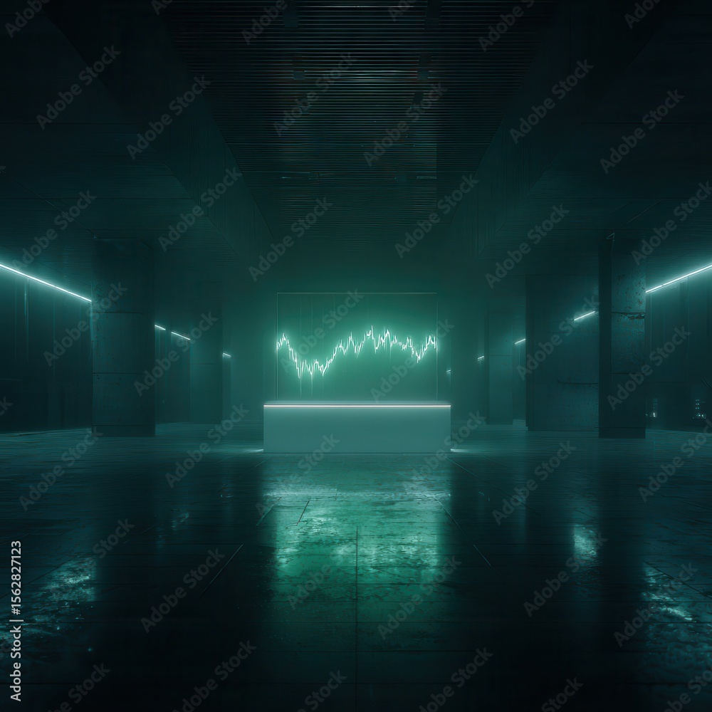 Poster A dark, smoky hall with teal neon lines and a glowing graph on a central platform, reflecting on a wet floor