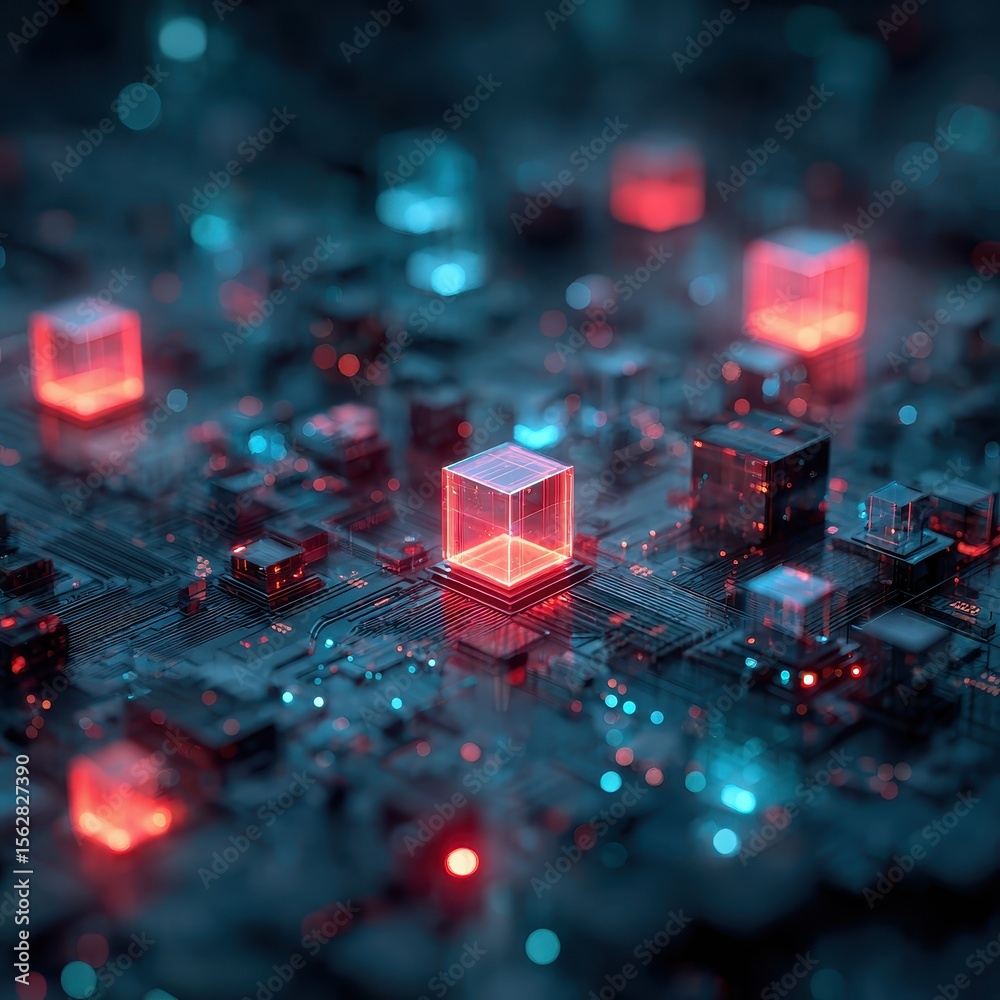 Poster Glowing red cubes illuminate a complex, dark circuit board, suggesting digital technology or networking
