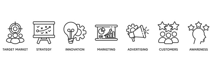 Brand icon set vector illustration concept relate to target market, strategy, innovation, marketing, advertising, customers, and awareness