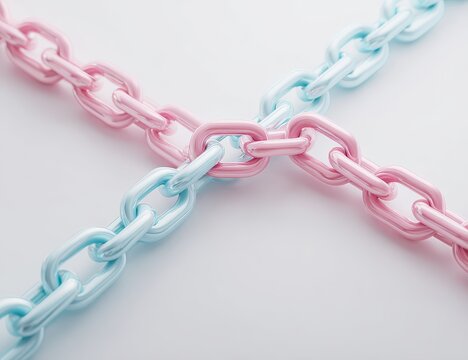 Two pastel-colored chains, pink and light blue, intersect and link against a white background.  The chains are smooth, shiny, and appear to be made of metal or plastic