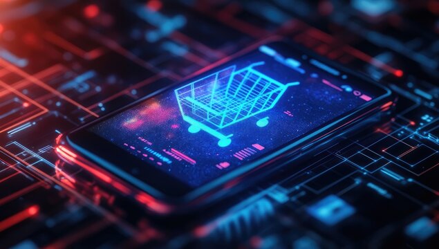 Smartphone with shopping cart icon, overlaid on circuit board