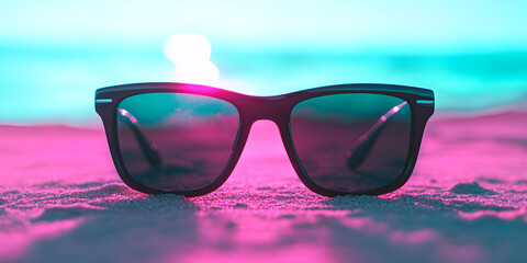 Trendy Black Sunglasses on Colorful Neon Sand Under Pink and Blue Lights

