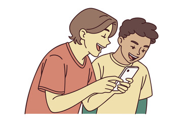 Sharing a Laugh: A joyful illustration of two young friends sharing a laugh, eyes glued to a smartphone, in a moment of shared amusement and digital connection.