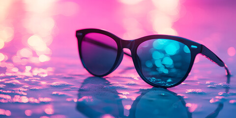 Trendy Black Sunglasses on Colorful Neon Sand Under Pink and Blue Lights

