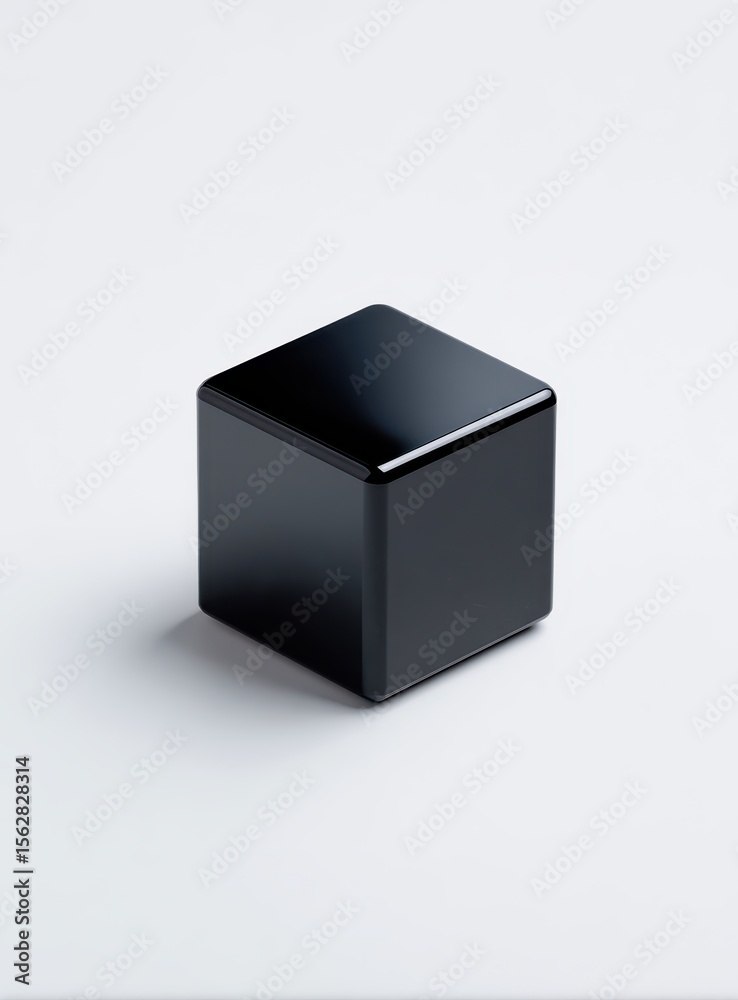 Poster A glossy black cube sits on a minimalist white background, casting a subtle shadow