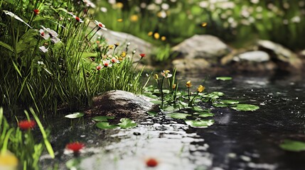 Serene natural scene with vibrant flowers and lilies by a tranquil stream.