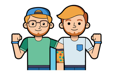 Two Happy Friends: two cute happy friends cartoon characters, they are enjoying and standing together.