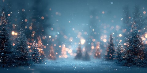 Snowy winter scene with glowing trees and falling snow; tranquil, magical atmosphere